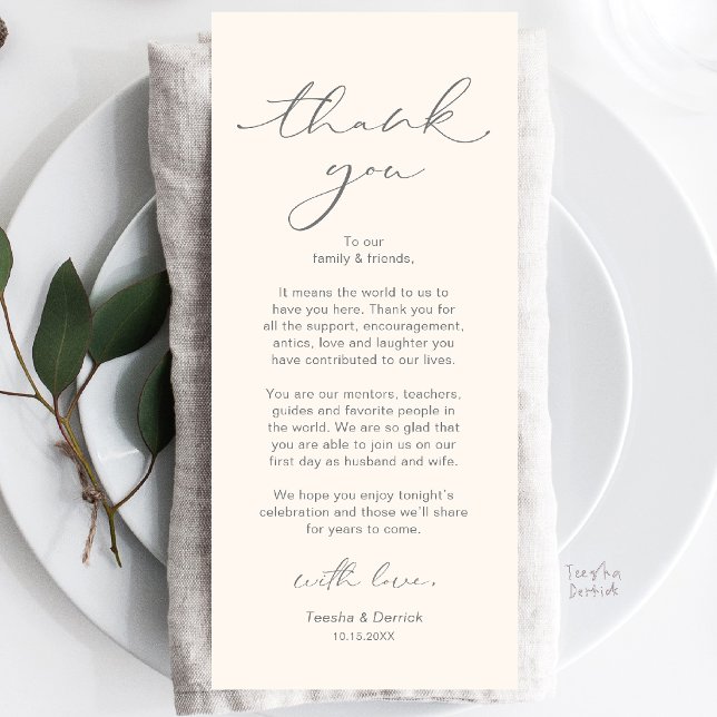 Carte de remerciement de table pour dîner de maria (Modern Wedding Dinner Place Setting Thank You Card in Grey and Ivory)