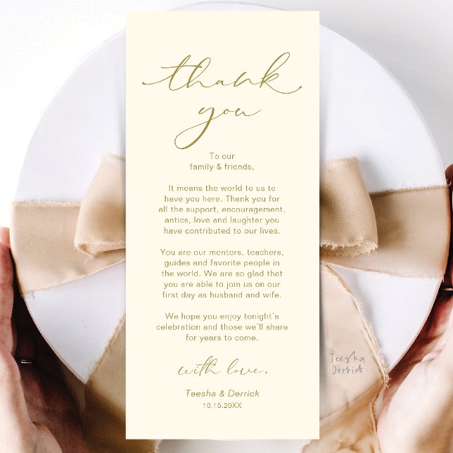 Carte de remerciement de table pour dîner de maria (Modern Wedding Dinner Place Setting Thank You Card in Cream Gold)