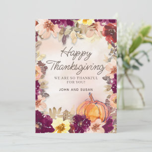 Carte de remerciement de Thanksgiving à fleurs ros