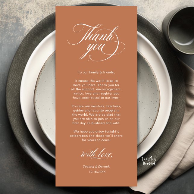 Carte de remerciement élégante pour le placement d (Elegant Classic Wedding Place Setting Thank You Dinner Card in copper terracotta)