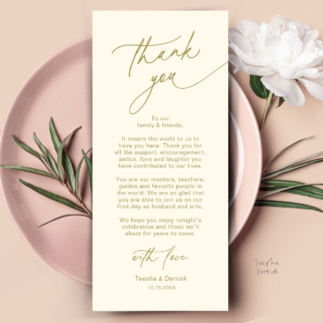 Carte de remerciement élégante pour le plan de tab (Elegant Wedding Place Setting Dinner Thank You Card in Cream and Gold)