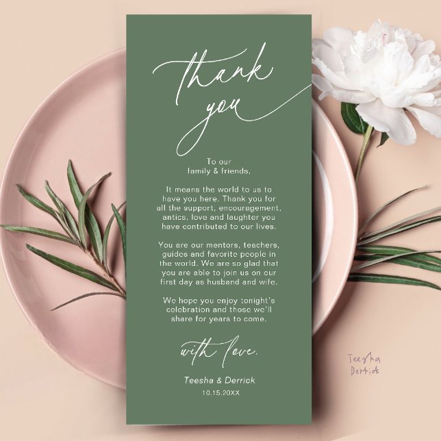 Carte de remerciement élégante pour le plan de tab (Elegant Wedding Place Setting Dinner Thank You Card in Sage Green)