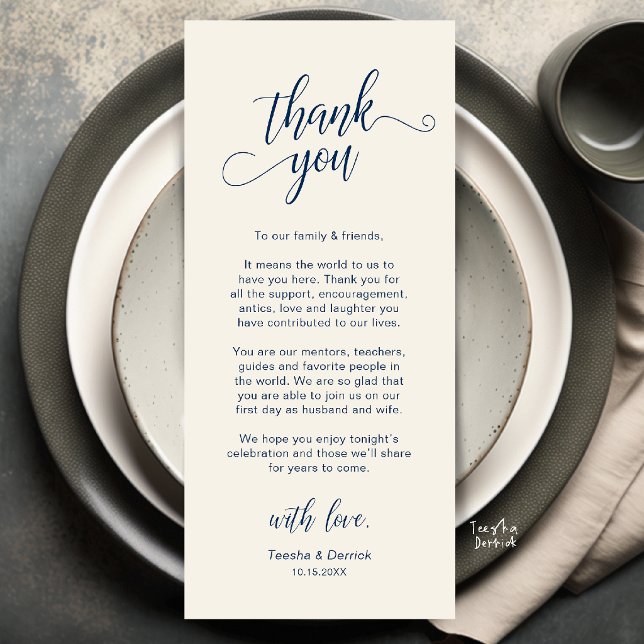 Carte de remerciement élégante pour le plan de tab (Elegant Wedding Place Setting Thank You Card in Navy Blue and Ivory)