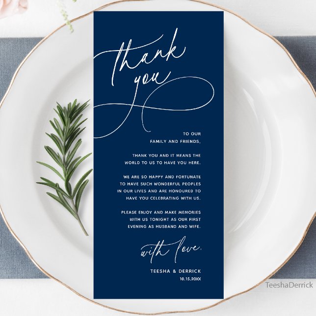 Carte de Remerciement Élégante pour Table de Récep (Wedding Table Thank You Elegant Reception Dinner Card in navy blue)