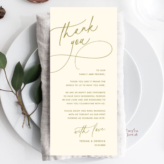Carte de Remerciement Élégante pour Table de Récep (Wedding Table Thank You Elegant Reception Dinner Card in gold yellow cream)