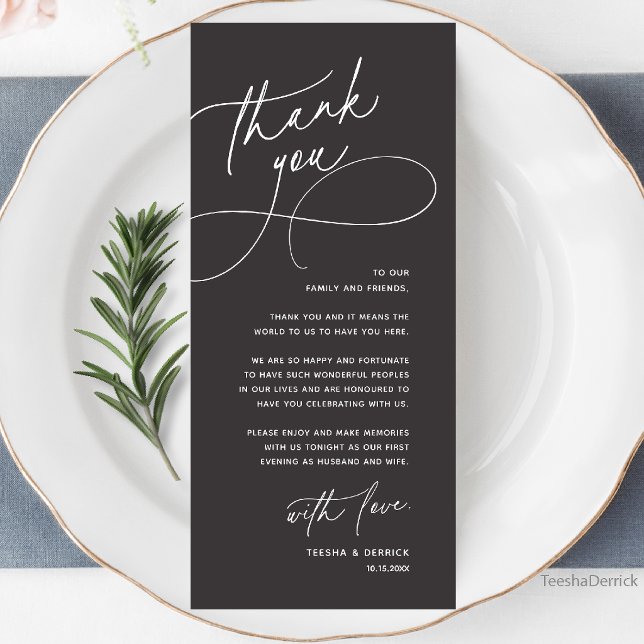 Carte de Remerciement Élégante pour Table de Récep (Wedding Table Thank You Elegant Reception Dinner Card in charcoal grey)