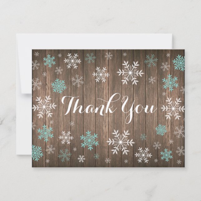 Carte de remerciement en bois rustique hiver floco (Devant)