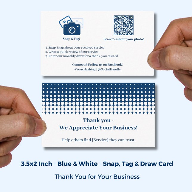 Carte de remerciement et de parrainage Blue White  (Blue White Snap Tag Incentive Thanks Referral Card; Size: 3.5x2 Inch)