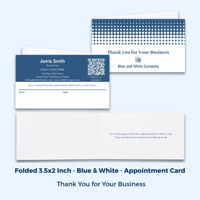 Carte de remerciement et de rendez-vous combinés p (Blue & White Folded Combined Thank You & Appointment Card)