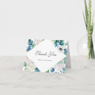 Carte de remerciement florale vert sauge bleu blan