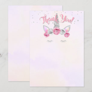 carte de remerciement licorne rose argent