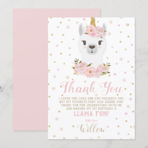 Carte de remerciement Llama Licorne Fille Floral B