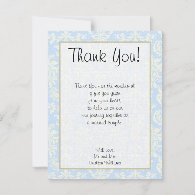 Carte de Remerciement Mariage Bleu/Blanc Damassé à (Devant)