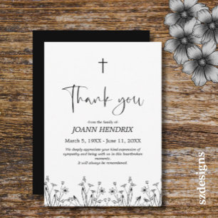 Carte de remerciement mémorial floral noir à petit