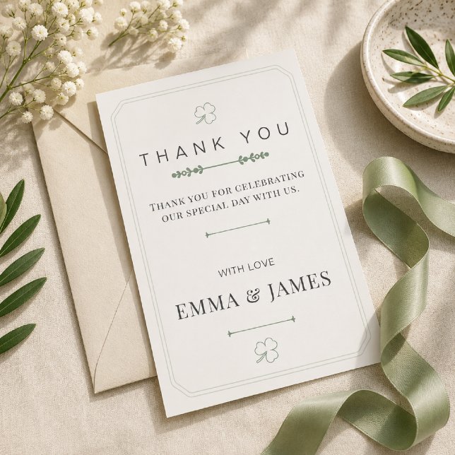 Carte de remerciement minimale vert sauge modifiab (Elegant sage green thank you card for your modern garden wedding celebration.)