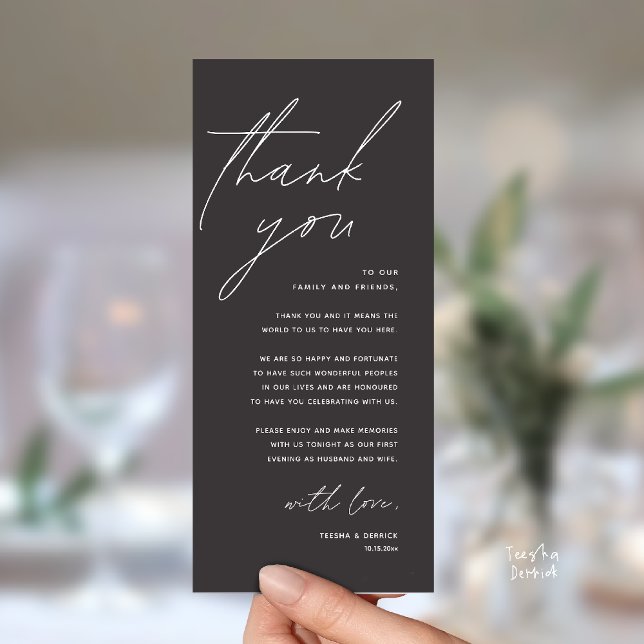 Carte de remerciement moderne pour dîner de récept (Modern Wedding Reception Dinner Lunch Brunch Party Thank You Card in charcoal grey)