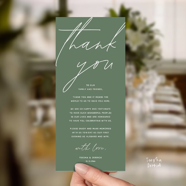 Carte de remerciement moderne pour dîner de récept (Modern Wedding Reception Dinner Lunch Brunch Party Thank You Card in sage green)