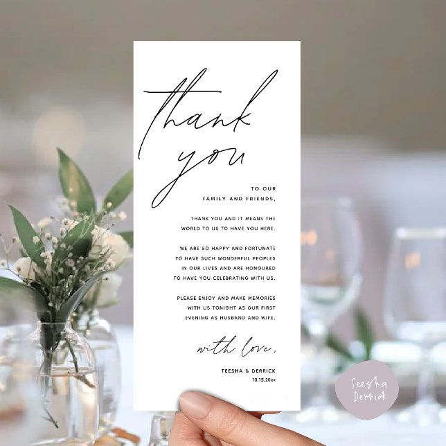 Carte de remerciement moderne pour dîner de récept (Modern Wedding Reception Dinner Lunch Brunch Party Thank You Card in black and white)