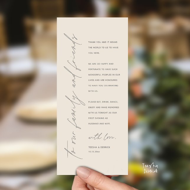 Carte de remerciement moderne pour dîner de récept (Welcome and thanks, Modern Wedding Reception Dinner Thank You card, family friends in cream grey)