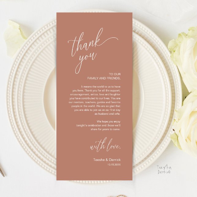 Carte de remerciement moderne pour dîner de récept (Modern Wedding Reception Dinner Thank You Card in rustic terracotta brown)