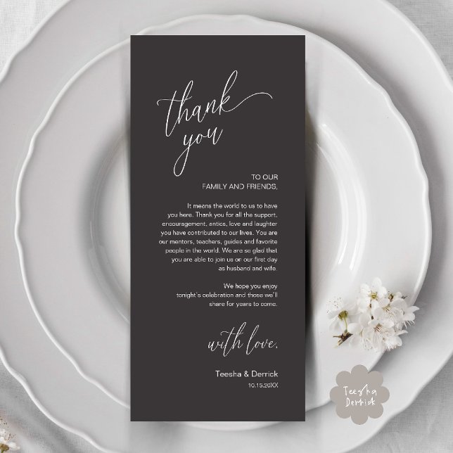 Carte de remerciement moderne pour dîner de récept (Modern Wedding Reception Dinner Thank You Card in Charcoal Grey)