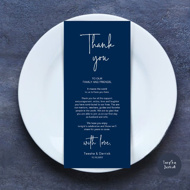 Carte de remerciement moderne pour la réception de (Modern Romantic Wedding Place Setting Dinner Thank You Card, in Navy Blue)