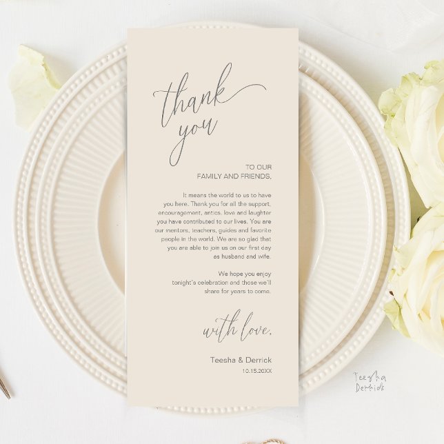 Carte de remerciement moderne pour le dîner de réc (Modern Wedding Reception Dinner Thank You Card in Cream and Grey)