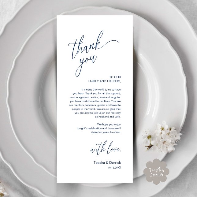 Carte de remerciement moderne pour le dîner de réc (Modern Wedding Reception Dinner Thank You Card in Navy Blue)