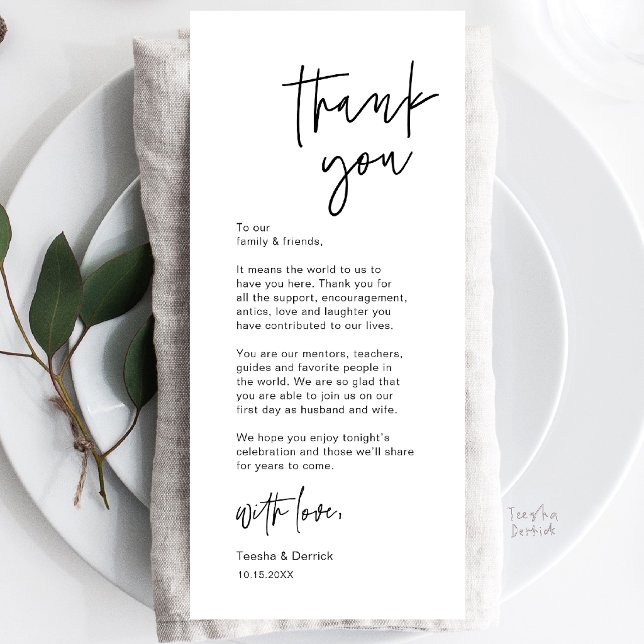 Carte de remerciement moderne pour un mariage déco (Modern Casual Wedding Place Setting Dinner Thank You Card in black and white)