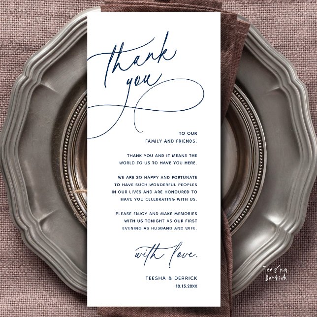 Carte de remerciement moderne romantique pour réce (Modern Romantic Wedding Reception Dinner Lunch Brunch Thank You Card in Navy Blue)