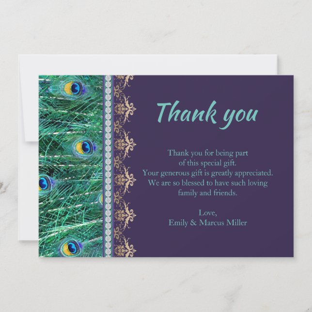 Carte de remerciement paon strass violet (Devant)