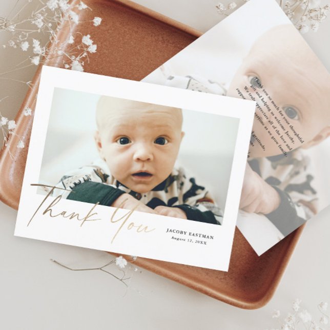 Carte de remerciement photo bébé écriture dorée Bu (Modern Handwritten Gold Script Baby Photo Budget Thank You Cards.)