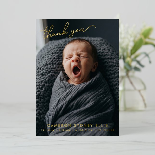 Carte de remerciement Photo Bébé Naissance Stats F (Debout devant)
