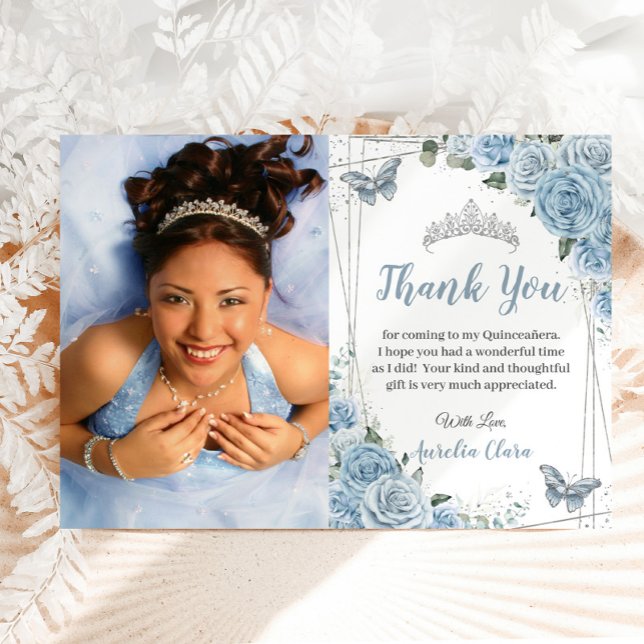 Carte de remerciement photo florale bleue bébé pou (baby blue roses floral Quinceañera sweet 16 birthday photo picture thank you cards printed download)