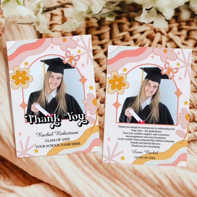 Carte de remerciement photo florale groovy hippie  (Retro Groovy Floral Graduation Thank You Card with photo)