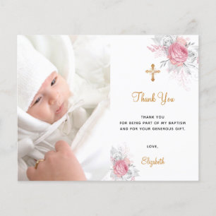 Carte de remerciement photo florale rose pour bapt