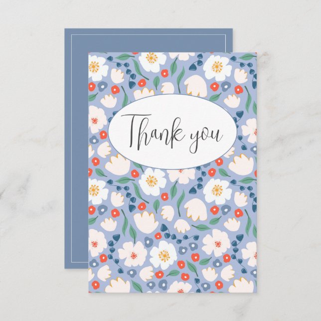 Carte de remerciement plate florale aquarelle bleu (Devant / Derrière)