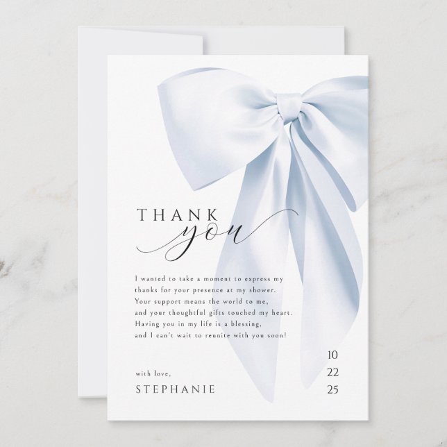 Carte de remerciement pour Baby Shower à ruban ble (Devant)