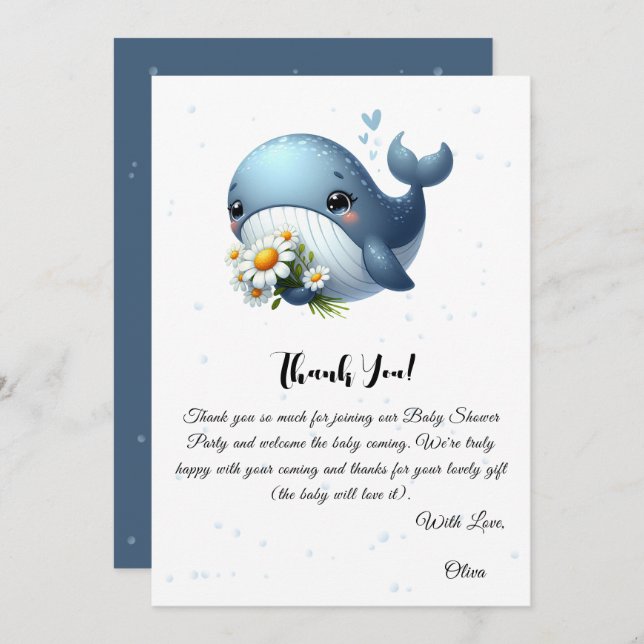 Carte de remerciement pour Baby Shower Baleine Mig (Devant / Derrière)