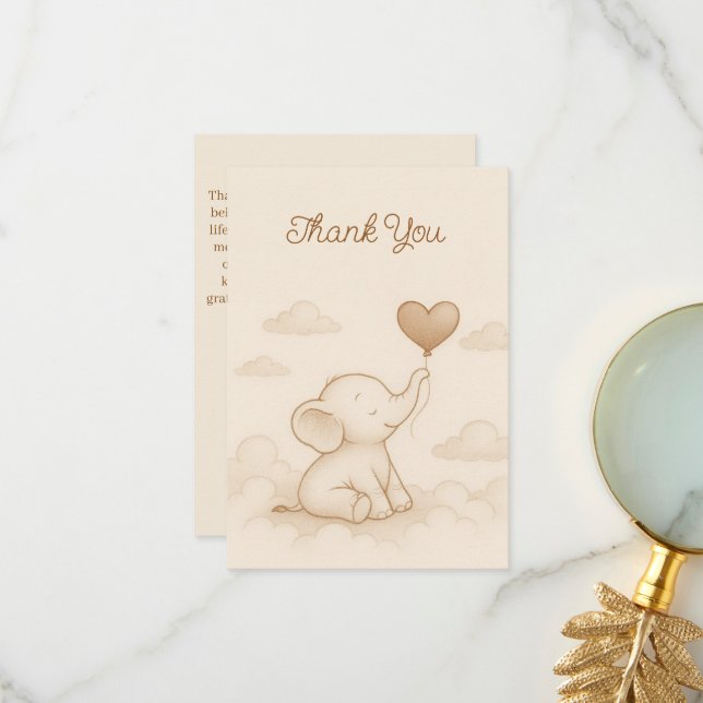 Carte de remerciement pour Baby Shower Éléphant Bé (Devant/Arrière en situation)