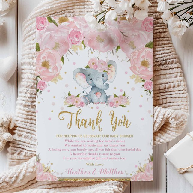Carte de remerciement pour Baby Shower Fille Éléph (Créateur téléchargé)
