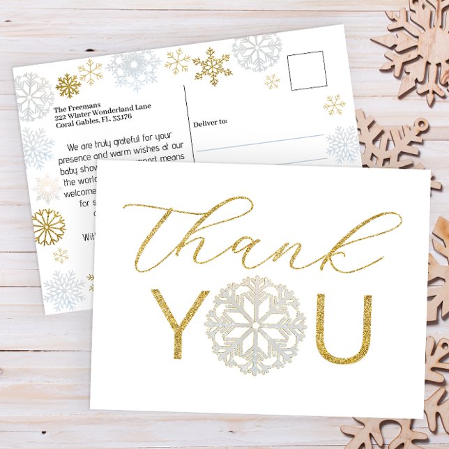 Carte de remerciement pour Baby Shower Flocon de N (Winter Wonderland Baby Shower Thank You Postcard )