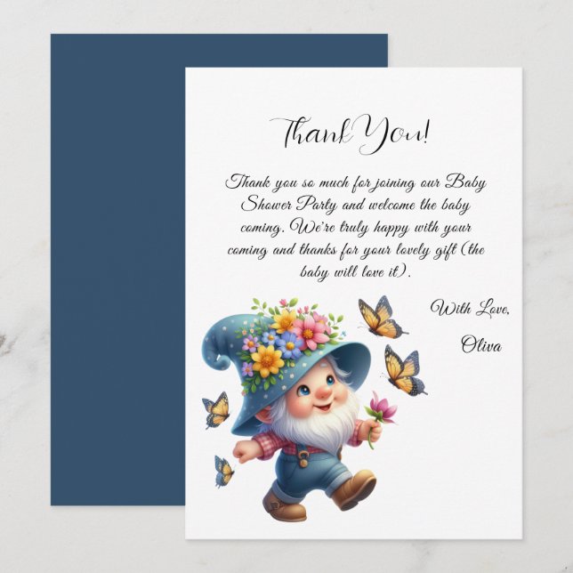 Carte de remerciement pour Baby Shower Gnome Migno (Devant / Derrière)