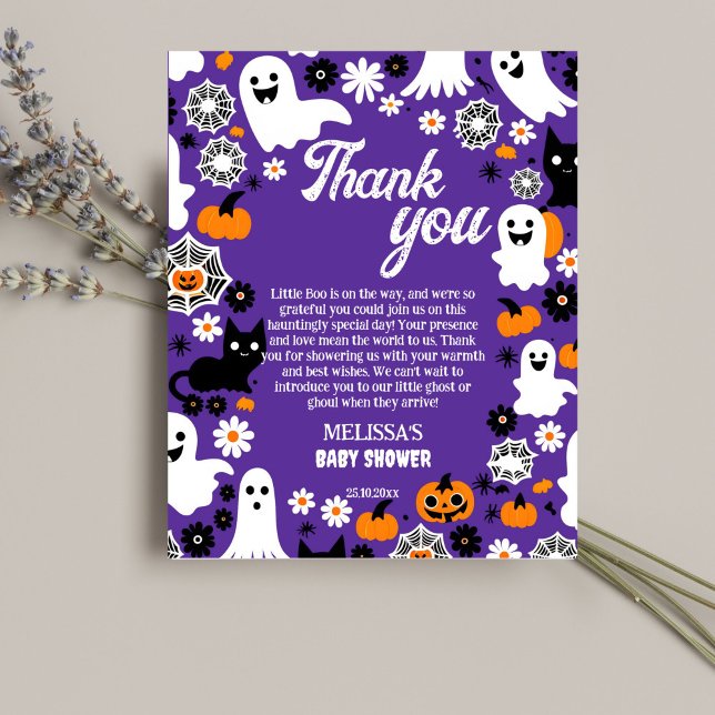 Carte de remerciement pour baby shower Halloween L (Halloween baby shower thank you card purple groovy retro daisy cute ghosts pumpkins daisies thanks)