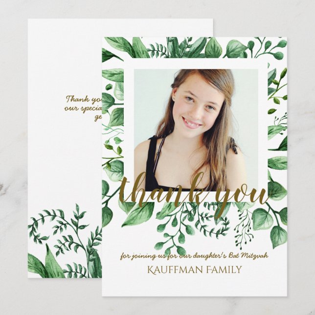 Carte de remerciement pour Bat Mitzvah avec PHOTO  (Devant / Derrière)