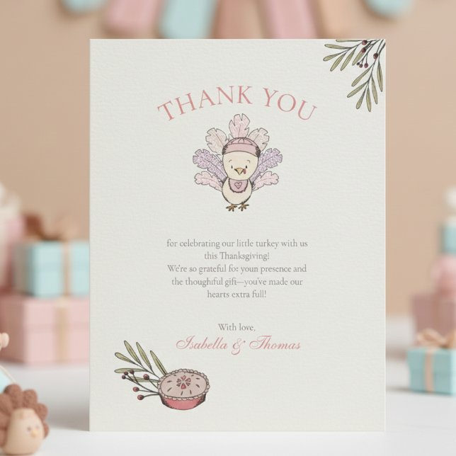 Carte de remerciement pour bébé fille petite dinde (Fall Little Turkey Thank You Cards. Cute Gingham Feathers Thankful Baby Shower or Thanksgiving Cards)