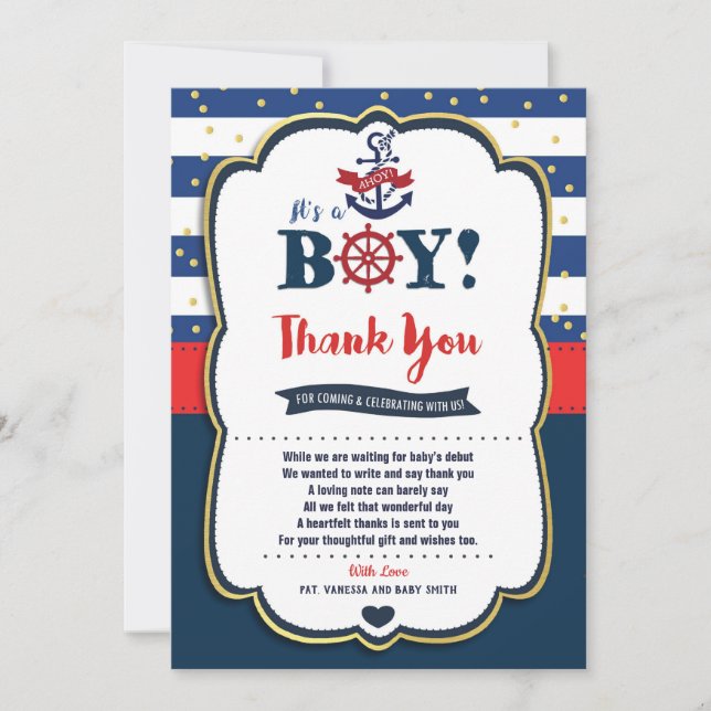 Carte de remerciement pour bébé marin garçon (Devant)