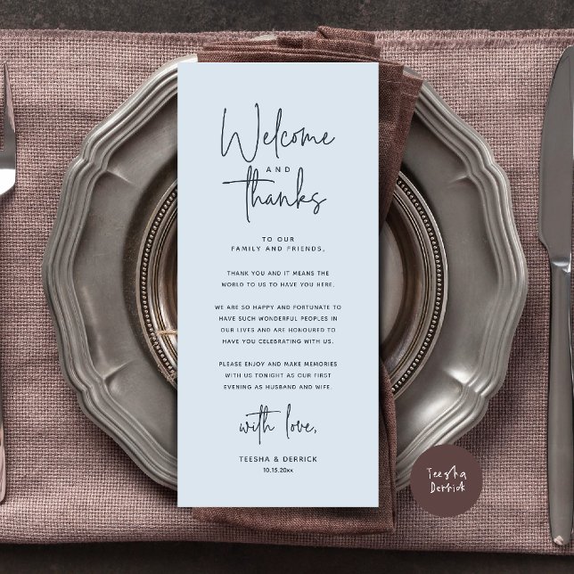 Carte de Remerciement pour Couverts de Table de Bi (Welcome and Thanks Modern Wedding Dinner Place Setting Thank You Card in Misty Blue)