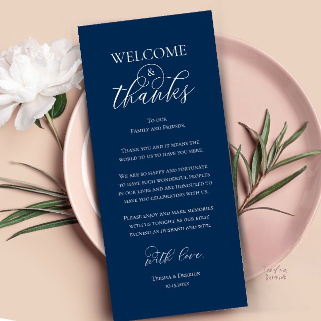 Carte de remerciement pour dîner de réception de b (Welcome and Thanks Reception Dinner Thank You Card in Navy Blue)