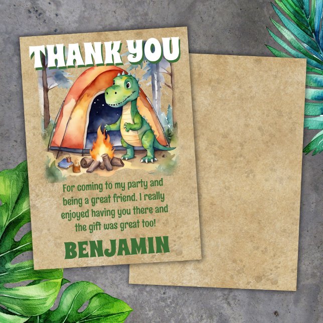 Carte de remerciement pour fête de camping dinosau (Créateur téléchargé)